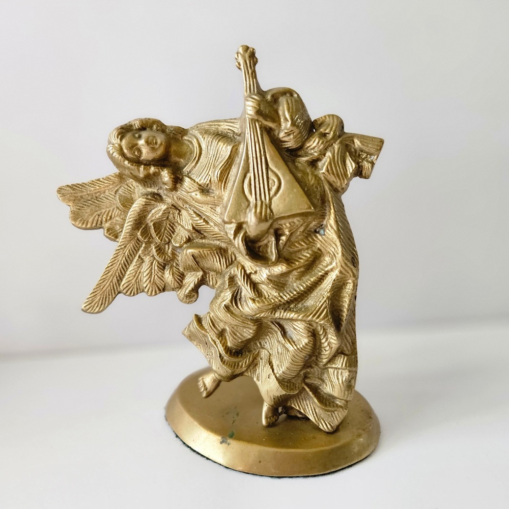 Vintage‎ Brass Angel Candlestick Holder – 7" Made in India – Playing Mandolin